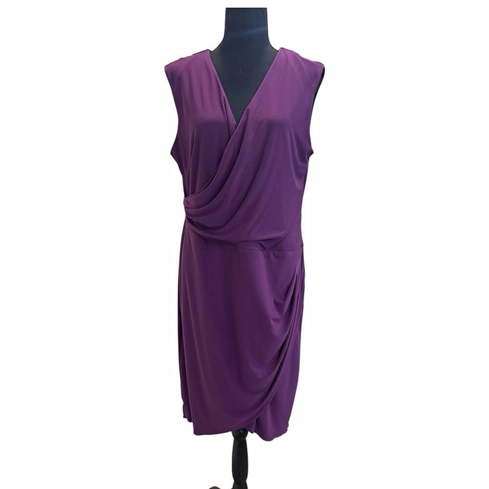 White House Black Market Purple V-Neck Draped Knit Sheath Dress Knee Size 16